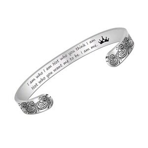 Silver Wave Pattern Cuff Bracelet Bangle "I am who I am" Engraved Inspirational